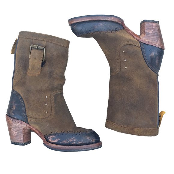 PSKaufman Boots Brown Suede Black Rubber Cap Almond Toe Mid Calf Womens 7 - Picture 1 of 8